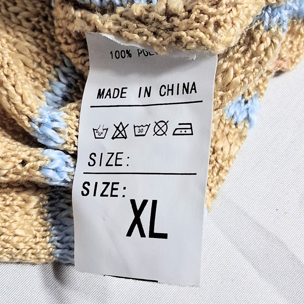 Womens XL Woven Crew 3/4 Sleeve Blue, Yellow, Orange Baggy Sweater - Picture 2 of 8